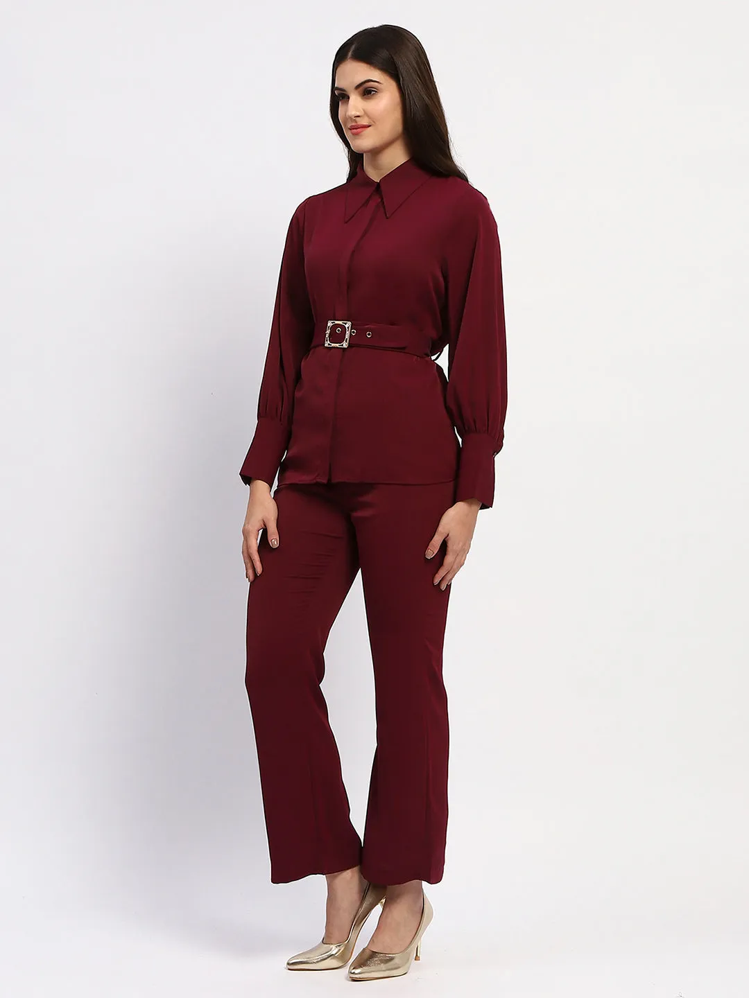 Madame Purple Belted Shirt and Flared Bottom Coord Set