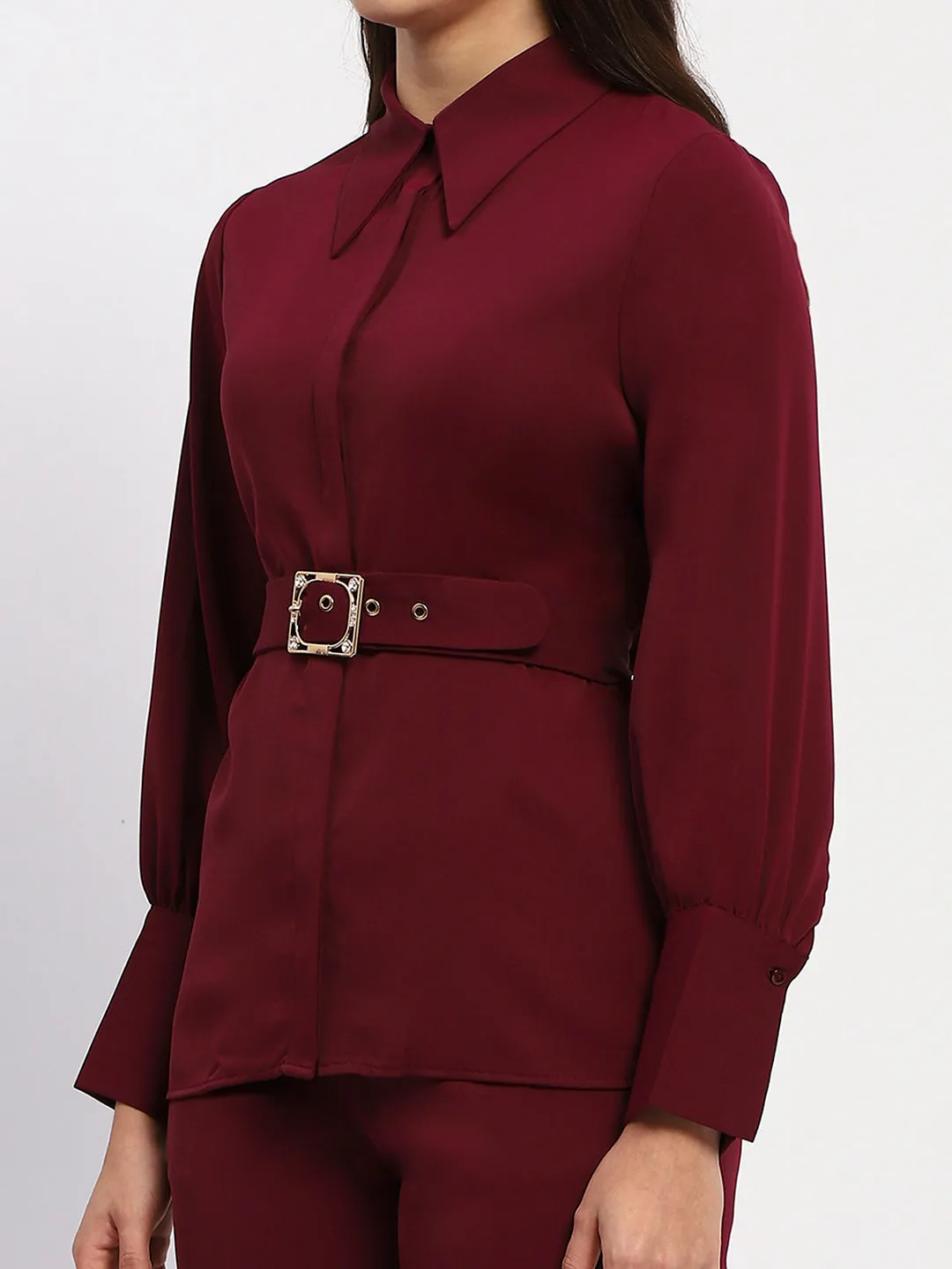 Madame Purple Belted Shirt and Flared Bottom Coord Set