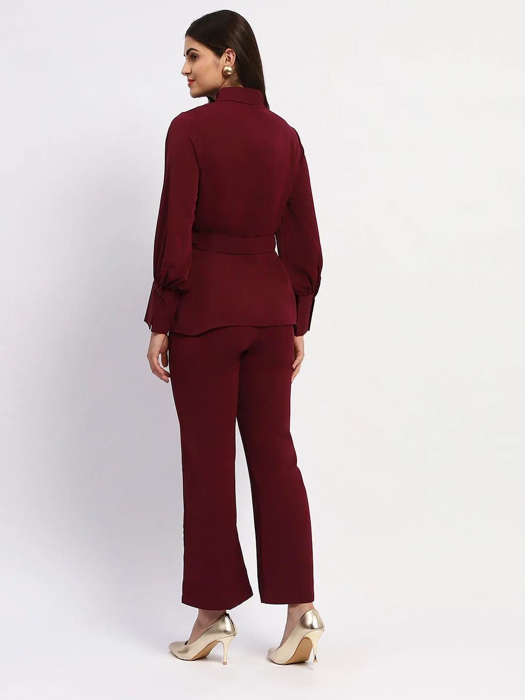 Madame Purple Belted Shirt and Flared Bottom Coord Set