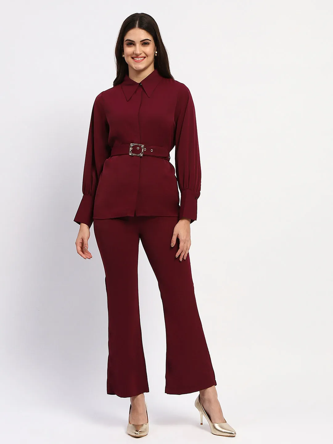 Madame Purple Belted Shirt and Flared Bottom Coord Set