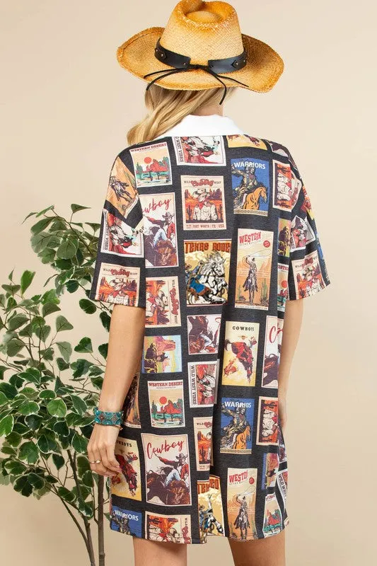 Mandy Vintage Western Print Collared Knit Dress