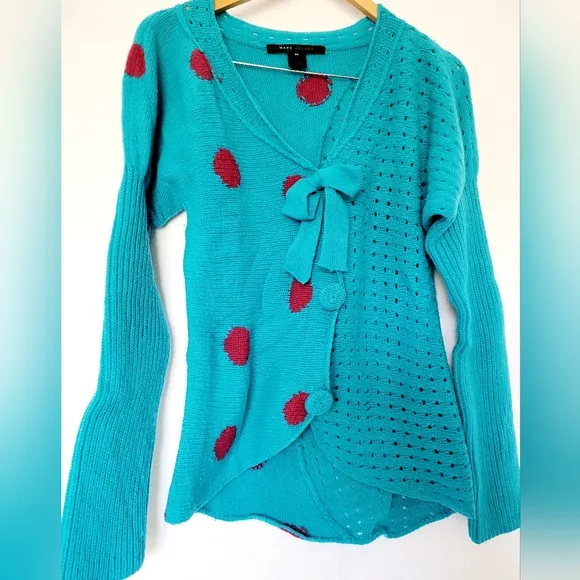 Marc Jacobs Women's Luxe 100%Lambs Wool Sweater Cardigan Knit Arctic Blue/Pink M