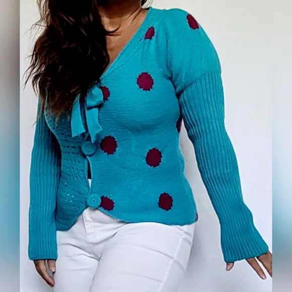 Marc Jacobs Women's Luxe 100%Lambs Wool Sweater Cardigan Knit Arctic Blue/Pink M