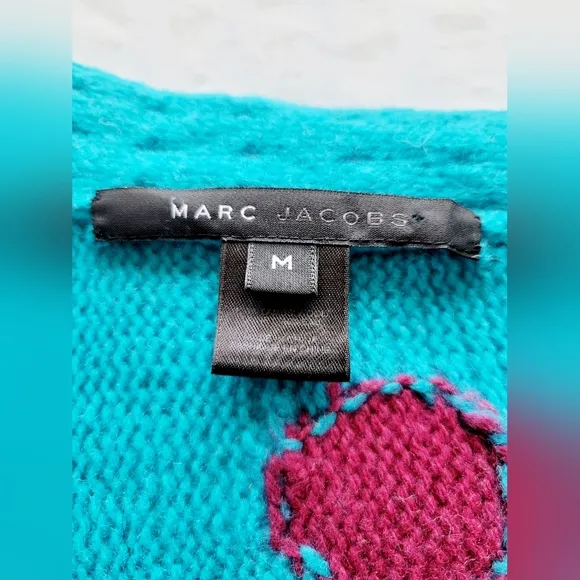 Marc Jacobs Women's Luxe 100%Lambs Wool Sweater Cardigan Knit Arctic Blue/Pink M