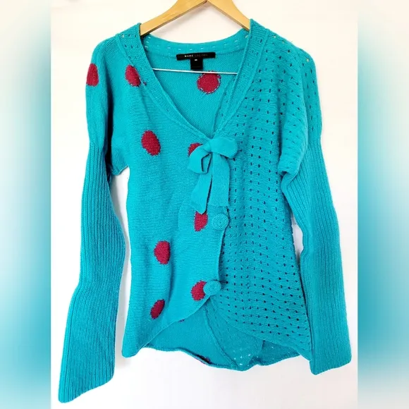 Marc Jacobs Women's Luxe 100%Lambs Wool Sweater Cardigan Knit Arctic Blue/Pink M