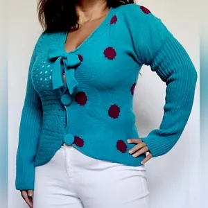 Marc Jacobs Women's Luxe 100%Lambs Wool Sweater Cardigan Knit Arctic Blue/Pink M