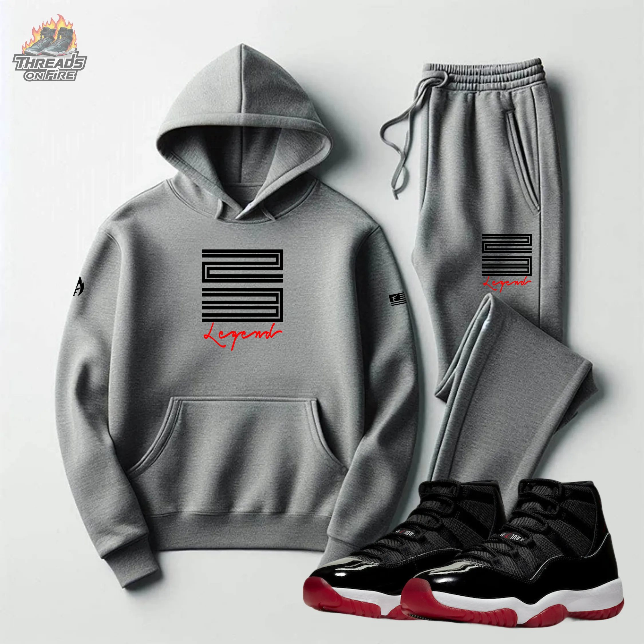 Men's Grey Hoodie & Joggers 23 Legend Sweatsuit To Match Air Jordan 11 Bred Sneakers