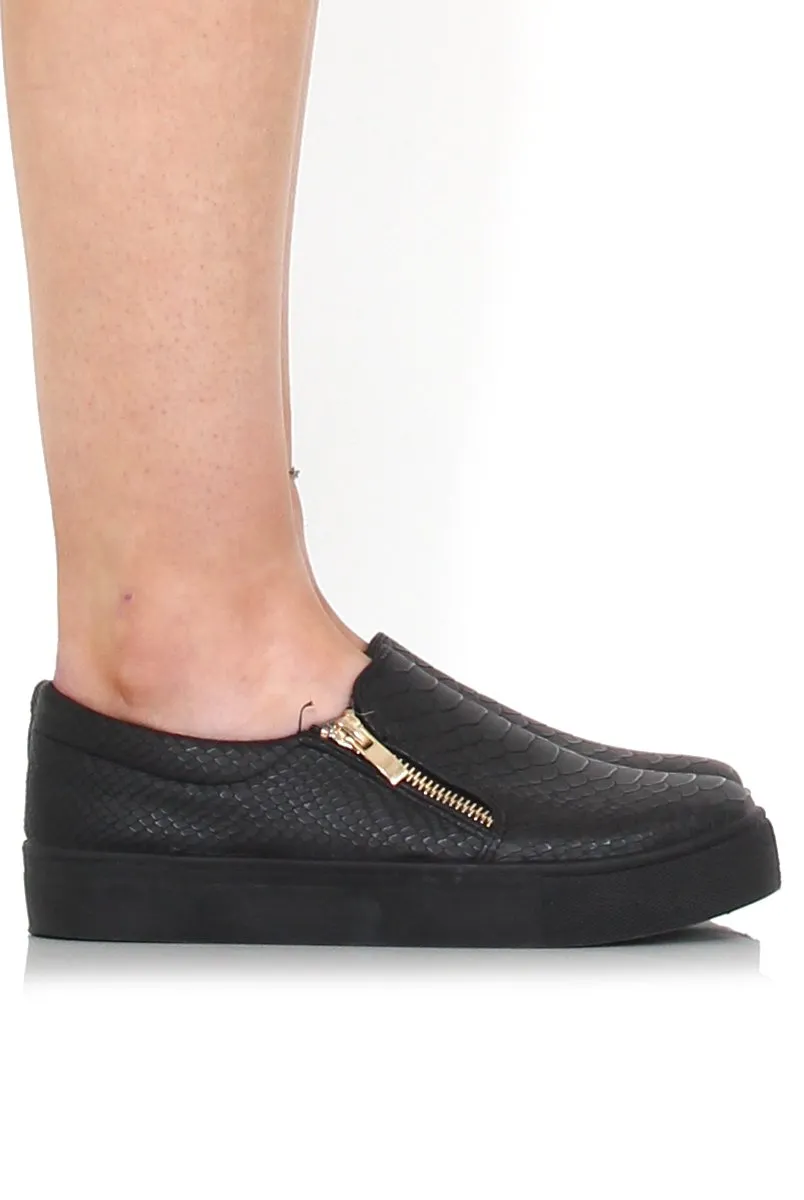 Merin Black On Black Snakeskin Platform Skaters