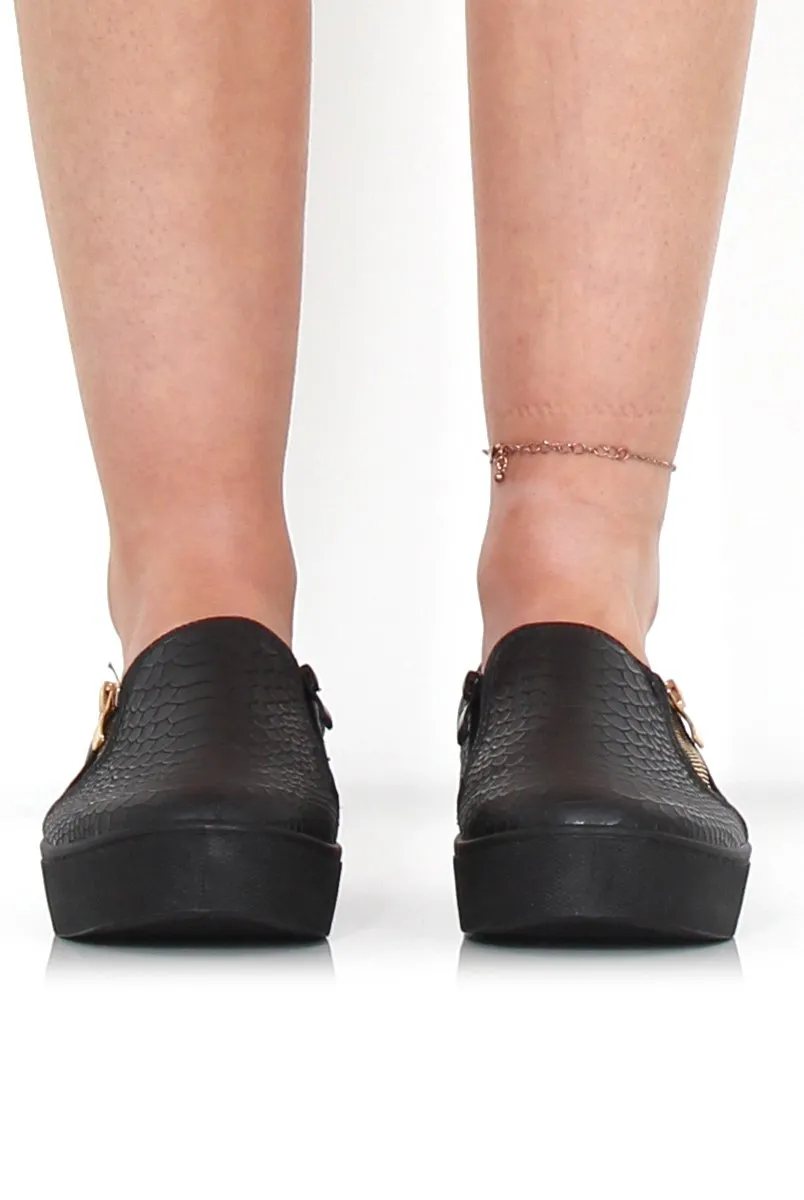 Merin Black On Black Snakeskin Platform Skaters