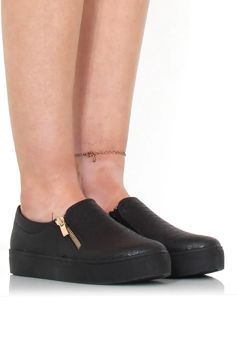 Merin Black On Black Snakeskin Platform Skaters