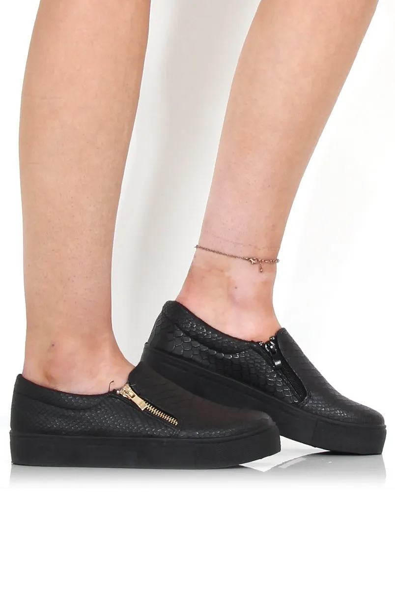 Merin Black On Black Snakeskin Platform Skaters