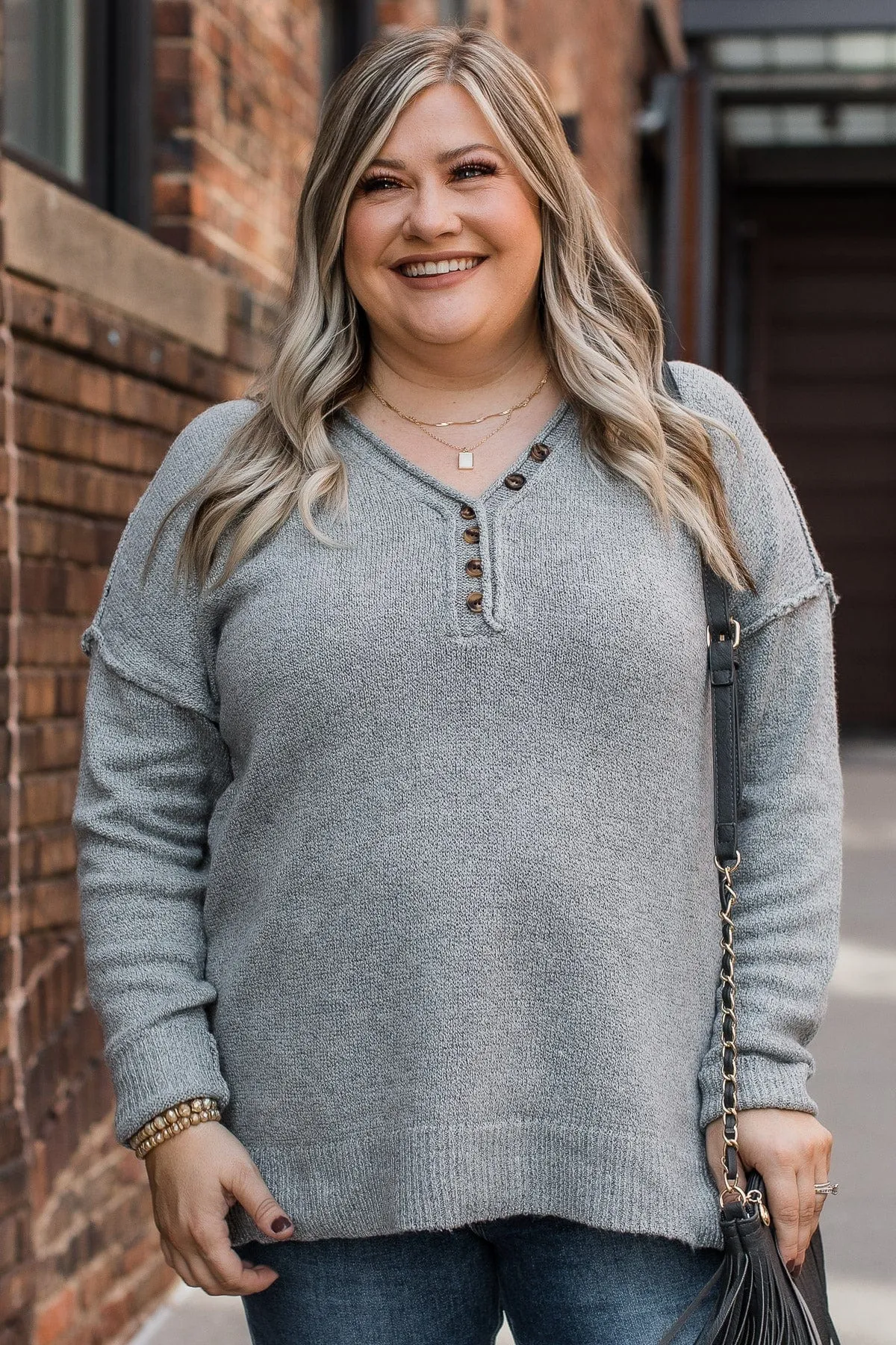 Moments Away Relaxed Knit Sweater- Grey