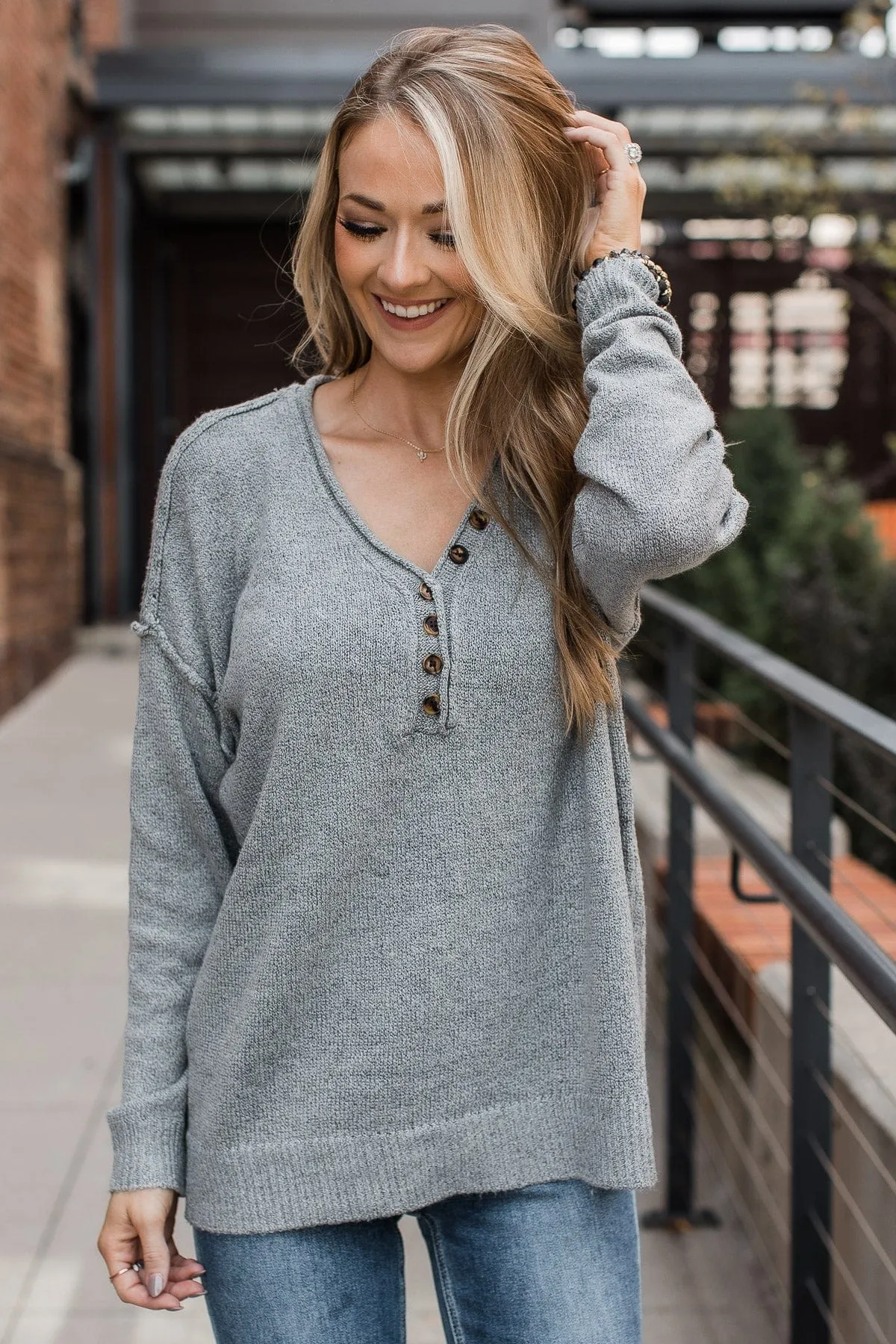 Moments Away Relaxed Knit Sweater- Grey