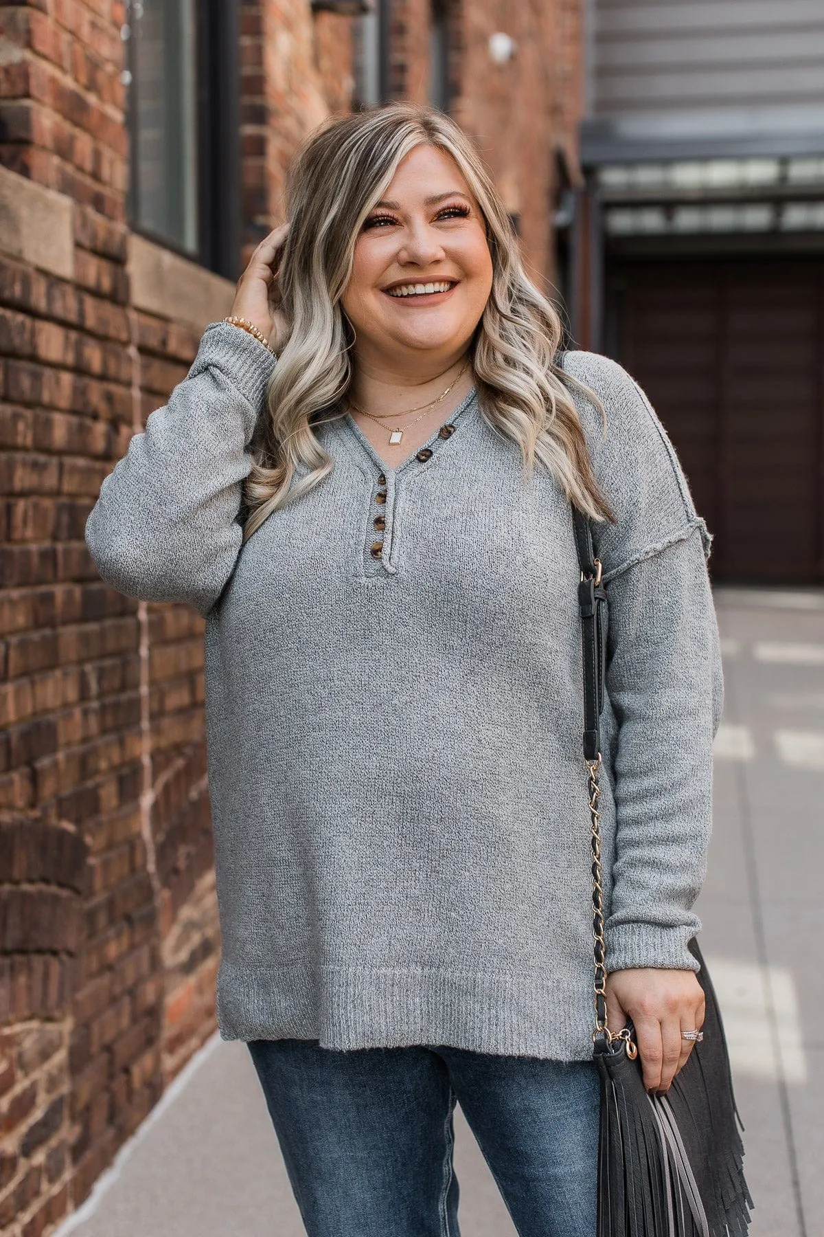 Moments Away Relaxed Knit Sweater- Grey
