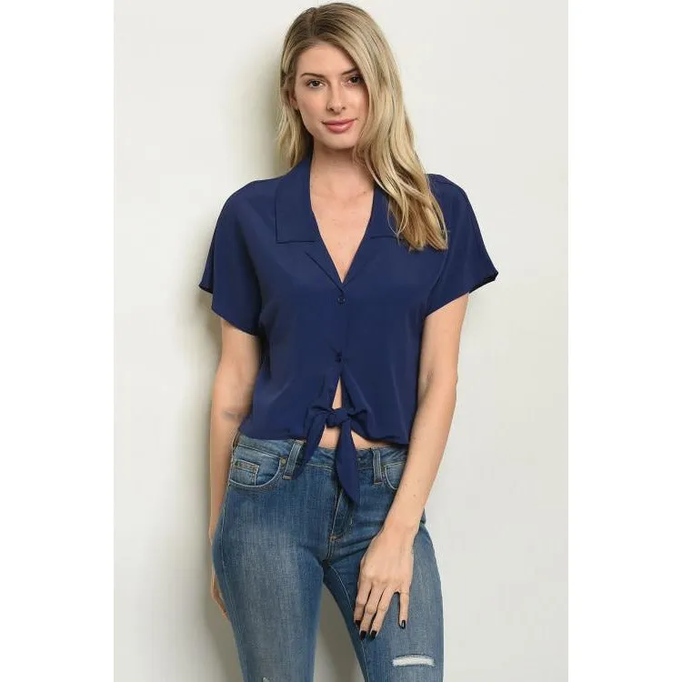 Navy V-Neck Sheer Blouse with Tie Detail (New 2 You Lx)