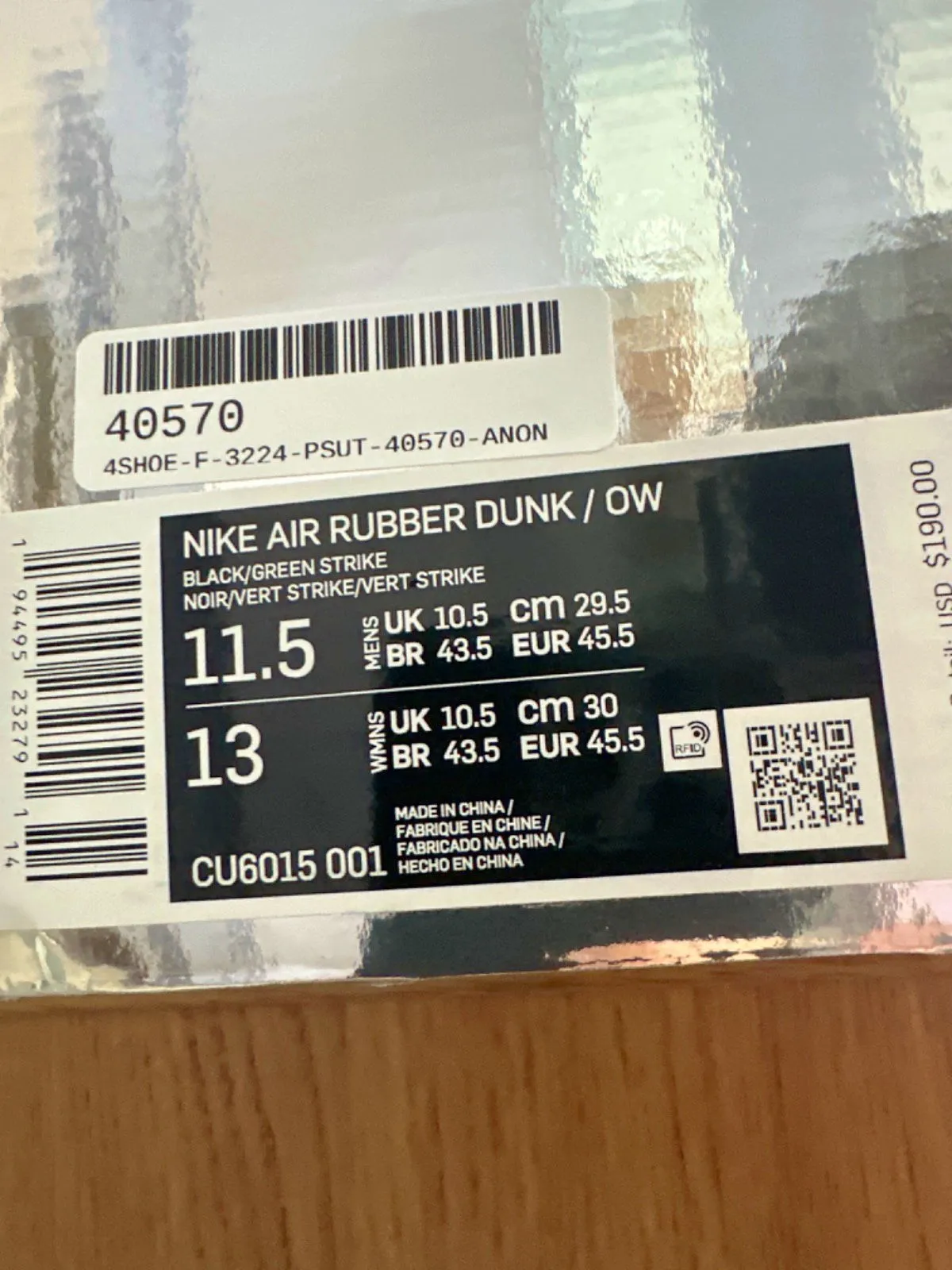 Nike CU6015 Black/Green Strike Air Rubber Dunk/OW Trainers 👟 UK 10.5  👟