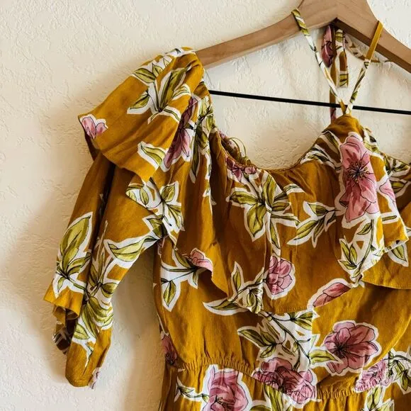 NWT | Cupcakes and Cashmere | cold shoulder mustard floral dress | S