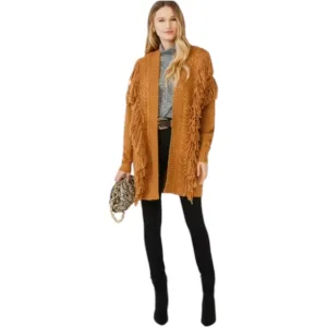 NWT Scoop caramel color long open cardigan with fringe size large