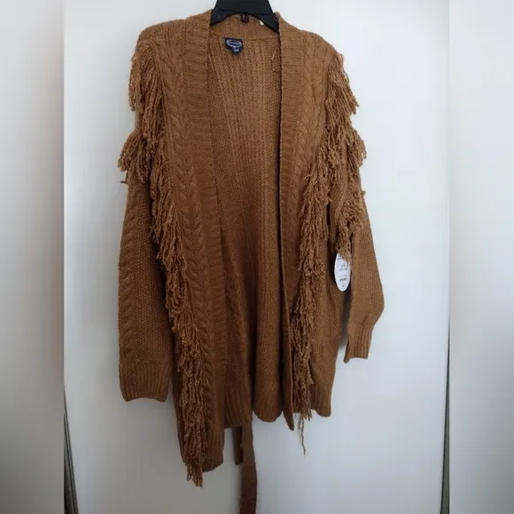 NWT Scoop caramel color long open cardigan with fringe size large
