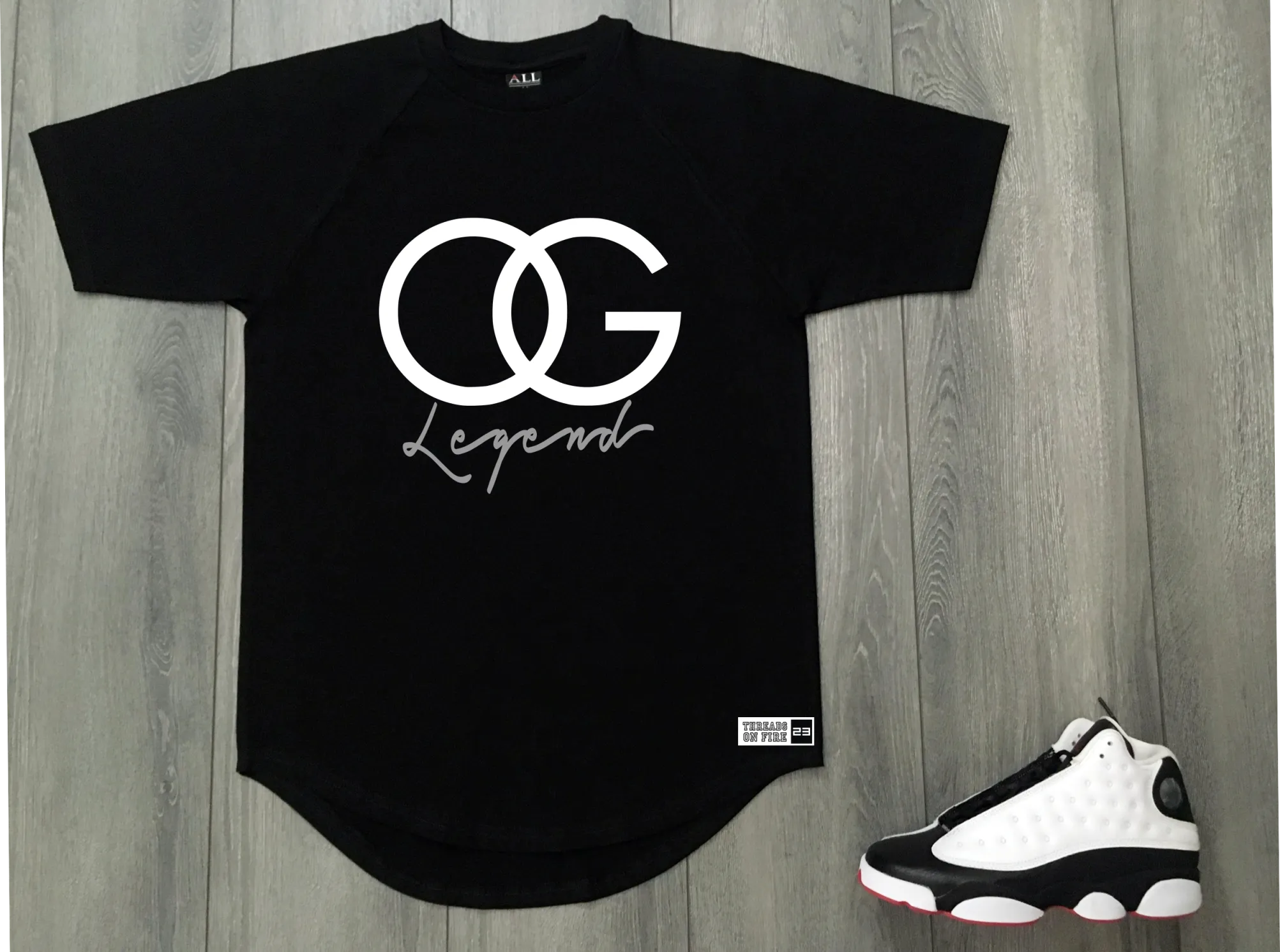 OG Legend Black Drop Tail T-Shirt To Match Black White Air Jordan Sneakers