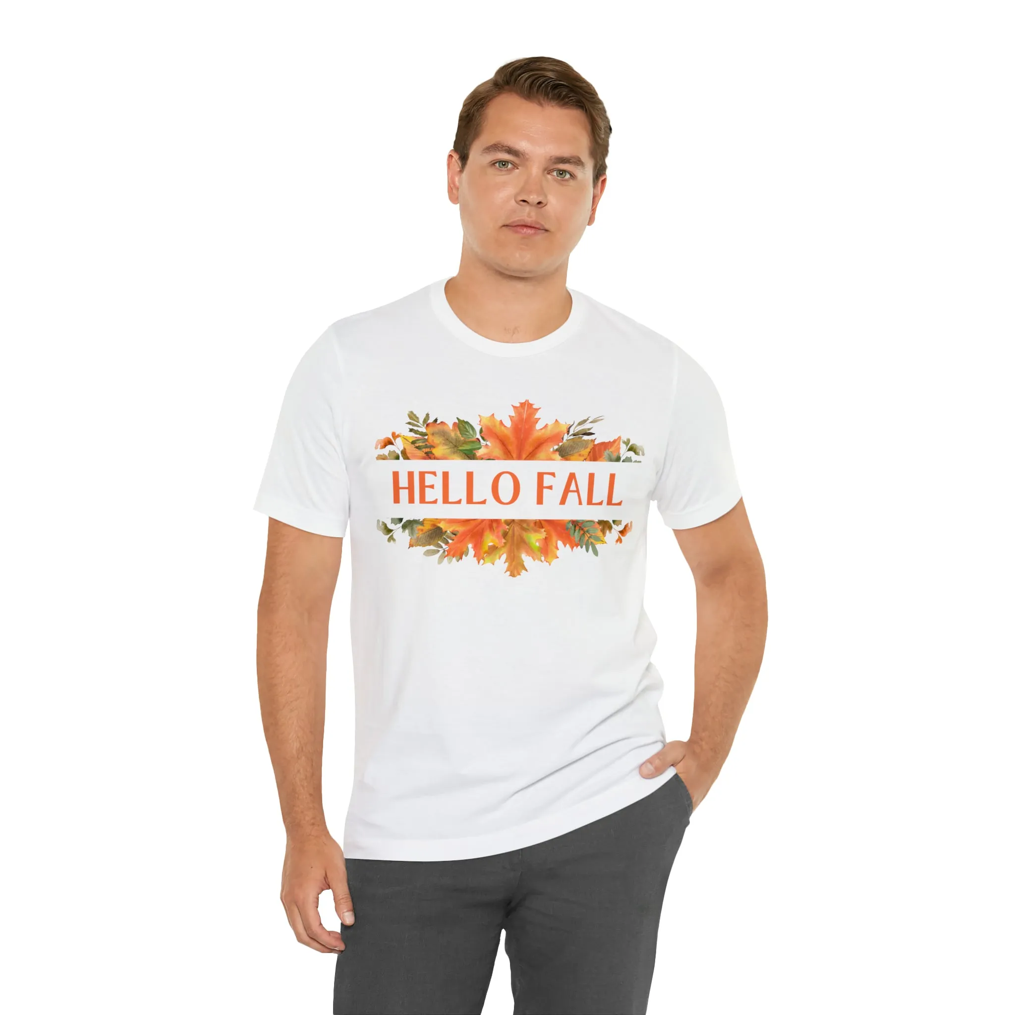 Orange Leaves Hello Fall T-Shirt | Fall  Tee |  Bella Canvas 3001 Unisex |  Thanksgiving Season Short Sleeve Tshirt