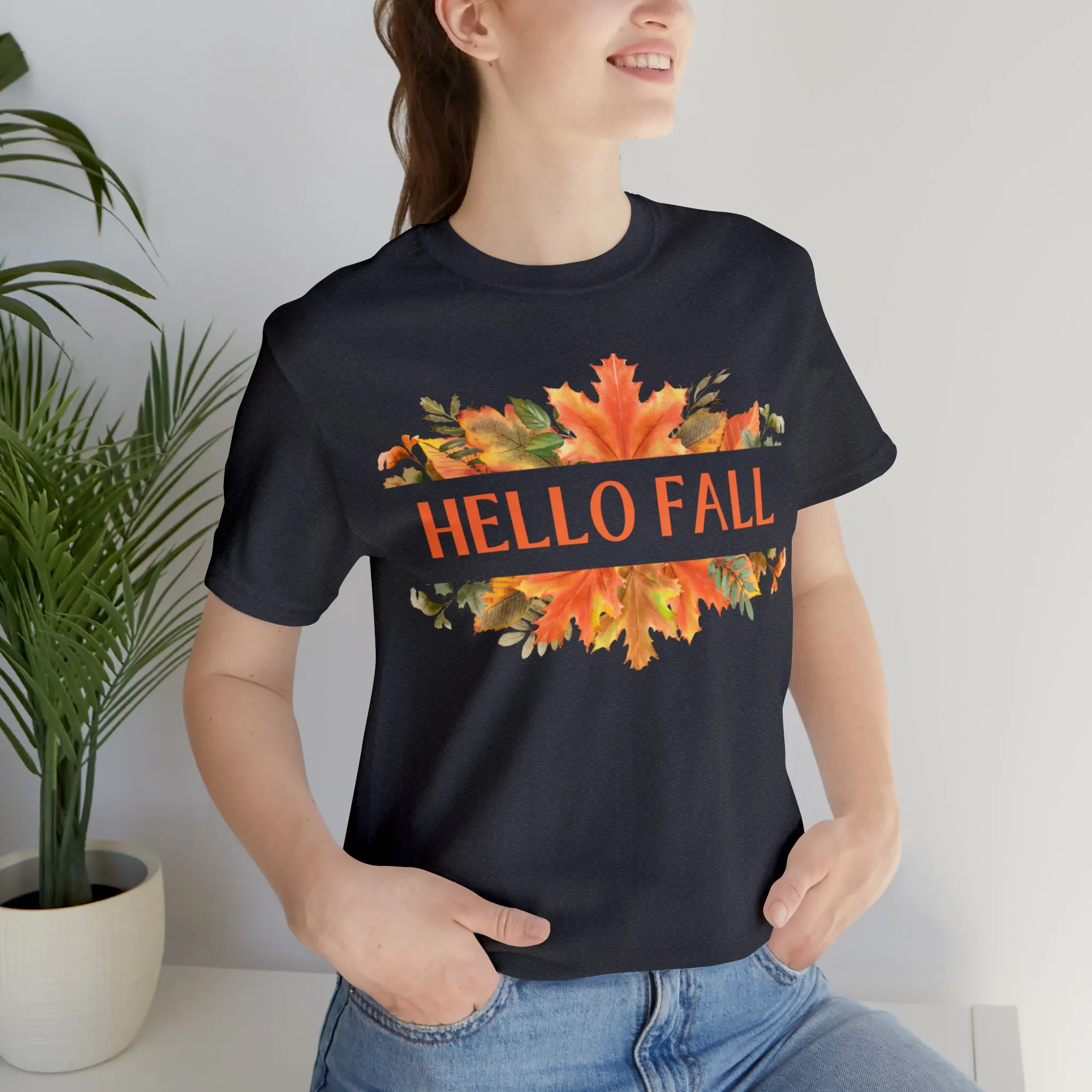 Orange Leaves Hello Fall T-Shirt | Fall  Tee |  Bella Canvas 3001 Unisex |  Thanksgiving Season Short Sleeve Tshirt