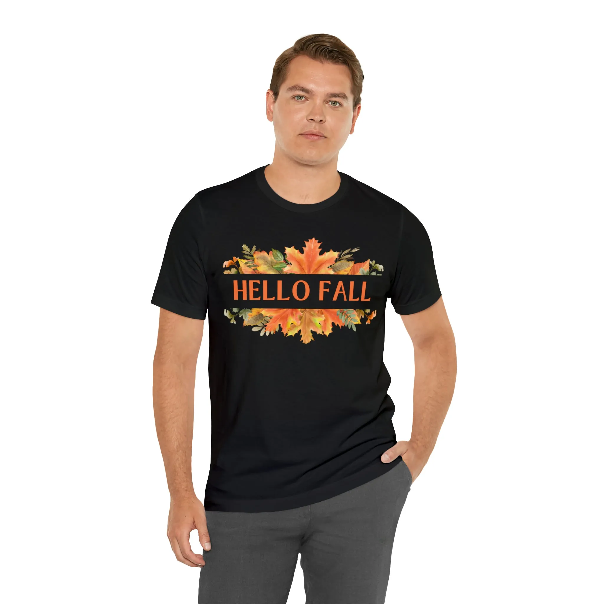 Orange Leaves Hello Fall T-Shirt | Fall  Tee |  Bella Canvas 3001 Unisex |  Thanksgiving Season Short Sleeve Tshirt