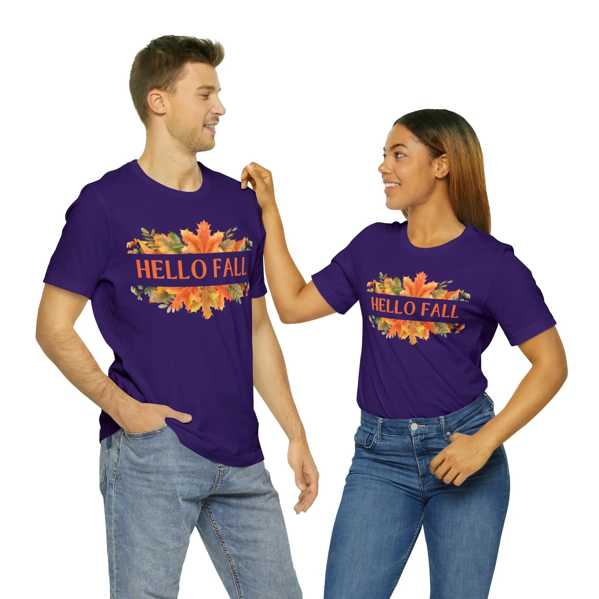 Orange Leaves Hello Fall T-Shirt | Fall  Tee |  Bella Canvas 3001 Unisex |  Thanksgiving Season Short Sleeve Tshirt