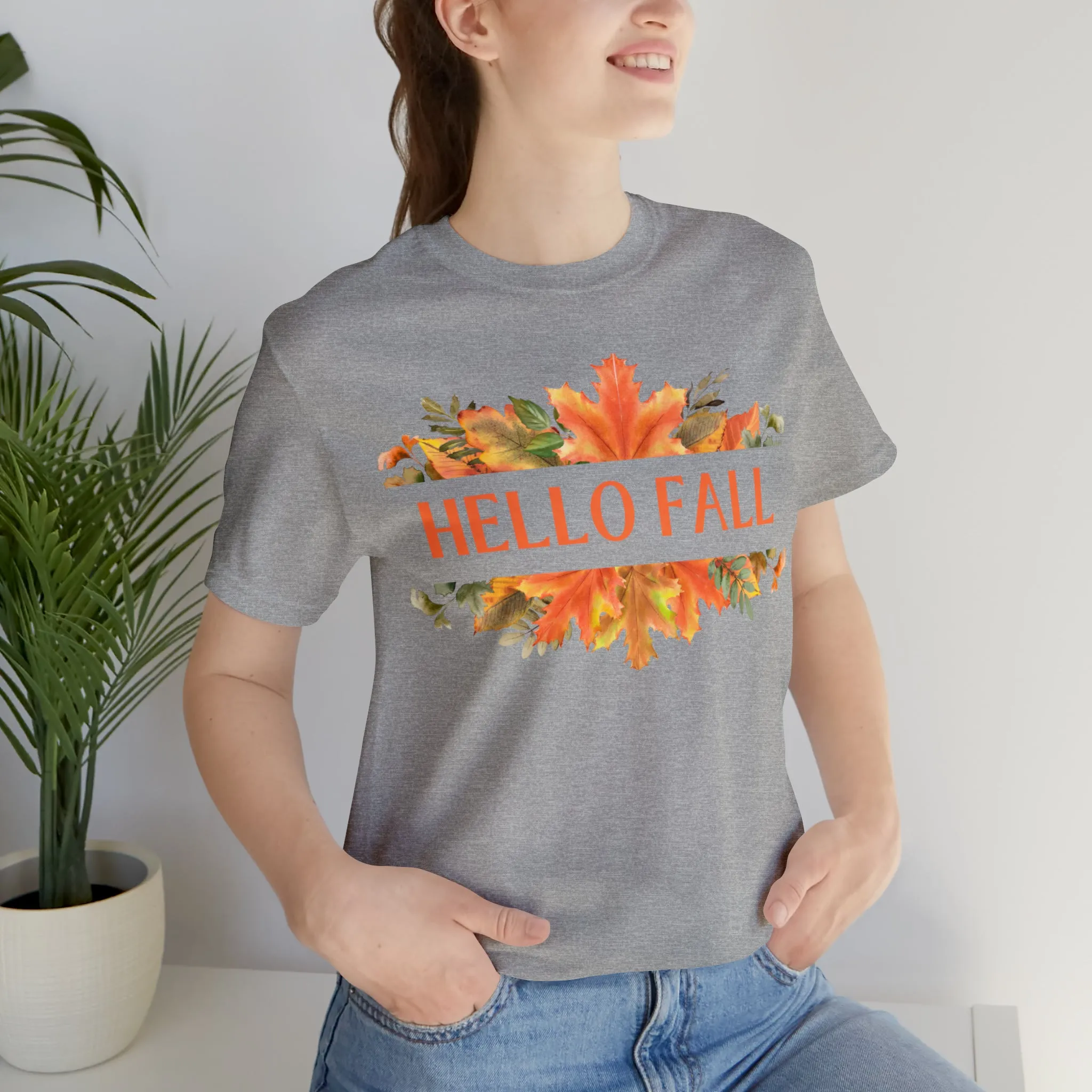 Orange Leaves Hello Fall T-Shirt | Fall  Tee |  Bella Canvas 3001 Unisex |  Thanksgiving Season Short Sleeve Tshirt