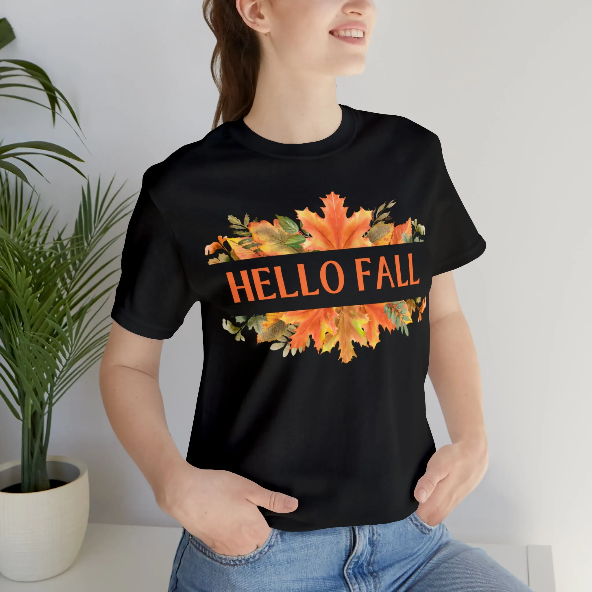 Orange Leaves Hello Fall T-Shirt | Fall  Tee |  Bella Canvas 3001 Unisex |  Thanksgiving Season Short Sleeve Tshirt