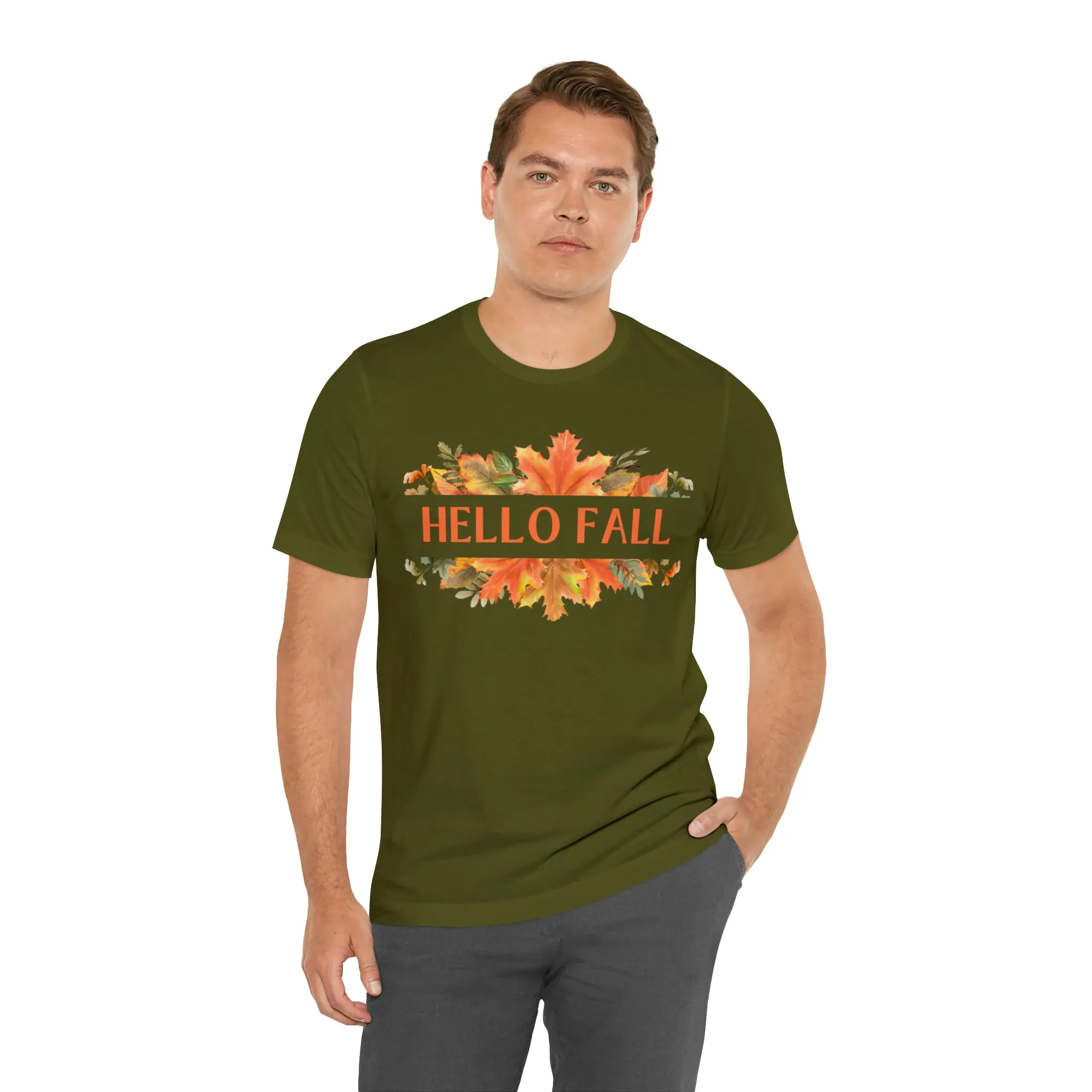 Orange Leaves Hello Fall T-Shirt | Fall  Tee |  Bella Canvas 3001 Unisex |  Thanksgiving Season Short Sleeve Tshirt