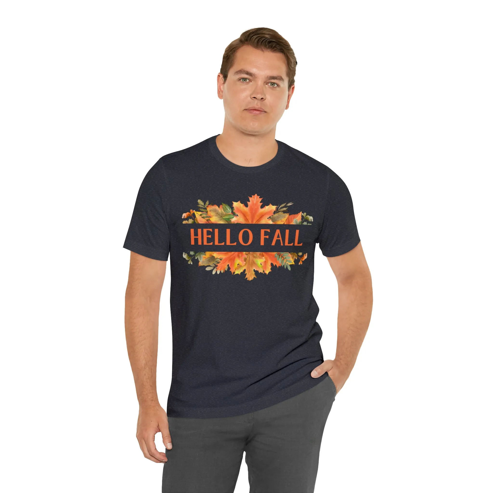 Orange Leaves Hello Fall T-Shirt | Fall  Tee |  Bella Canvas 3001 Unisex |  Thanksgiving Season Short Sleeve Tshirt