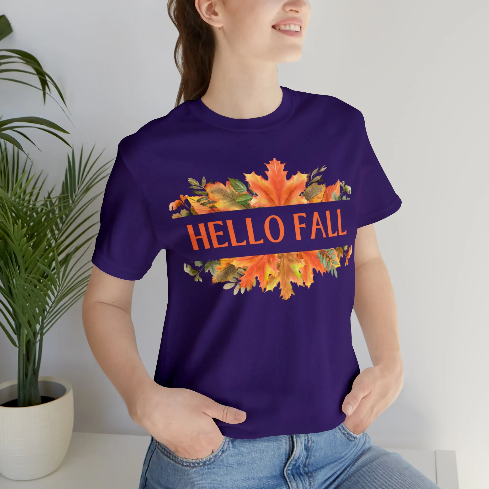 Orange Leaves Hello Fall T-Shirt | Fall  Tee |  Bella Canvas 3001 Unisex |  Thanksgiving Season Short Sleeve Tshirt