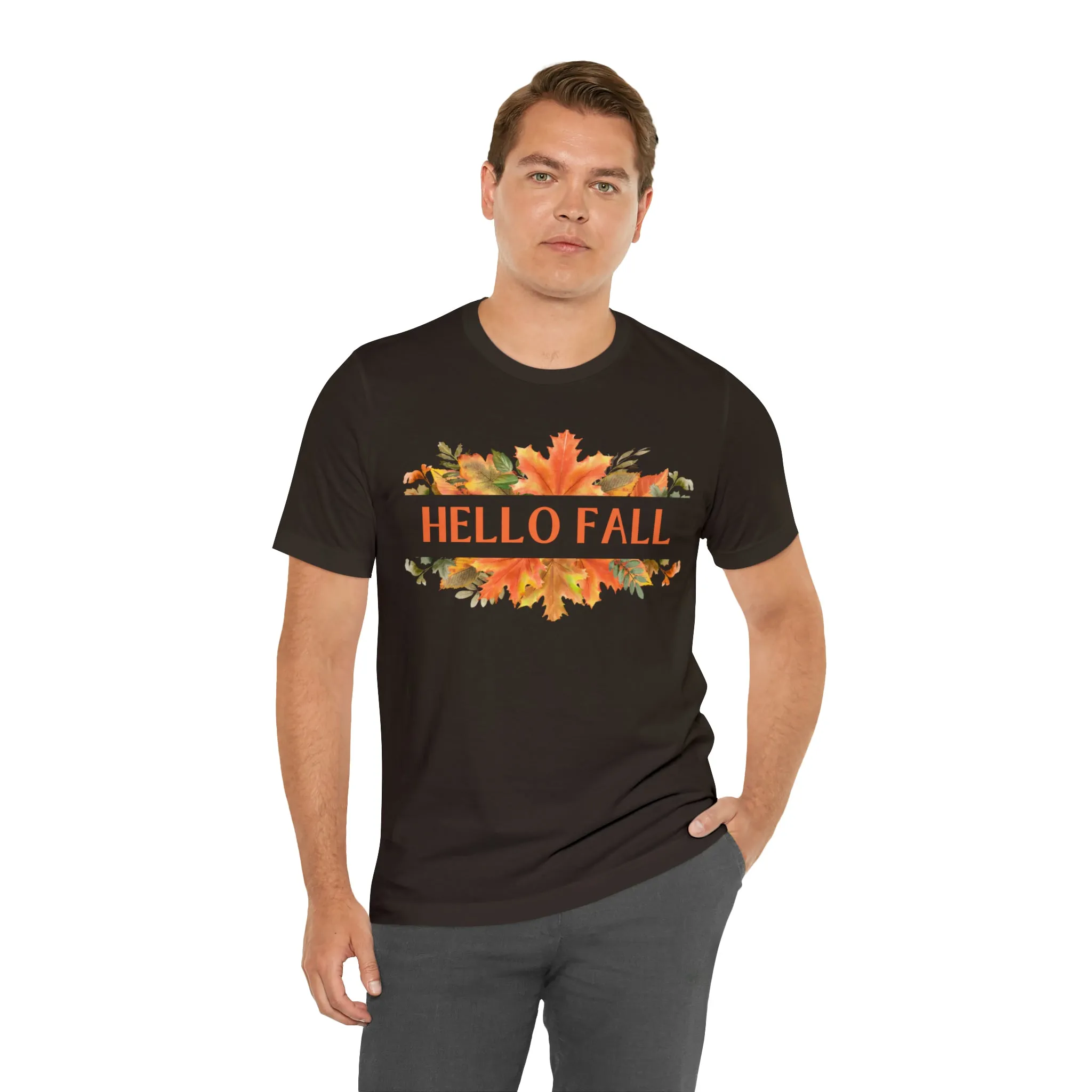 Orange Leaves Hello Fall T-Shirt | Fall  Tee |  Bella Canvas 3001 Unisex |  Thanksgiving Season Short Sleeve Tshirt