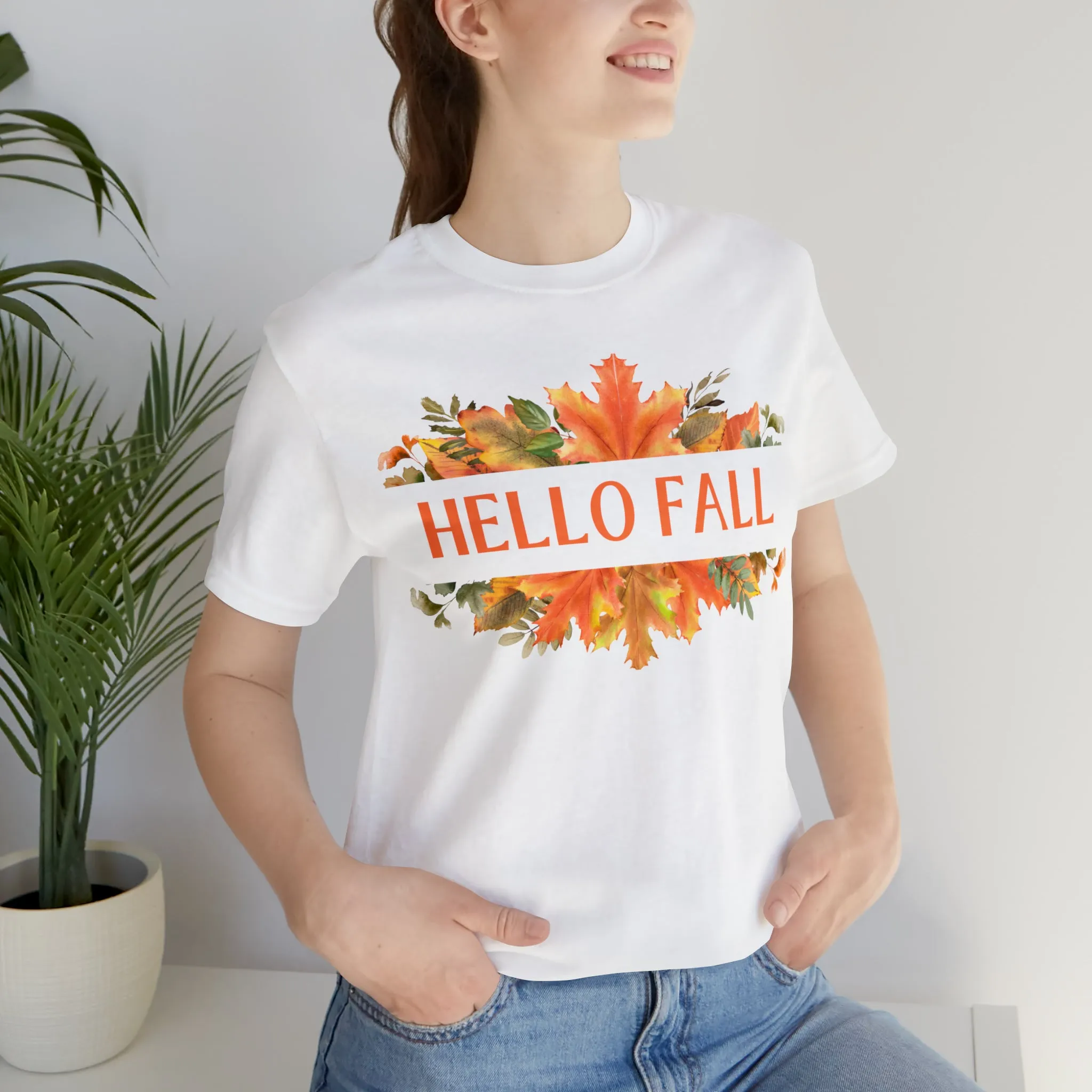 Orange Leaves Hello Fall T-Shirt | Fall  Tee |  Bella Canvas 3001 Unisex |  Thanksgiving Season Short Sleeve Tshirt