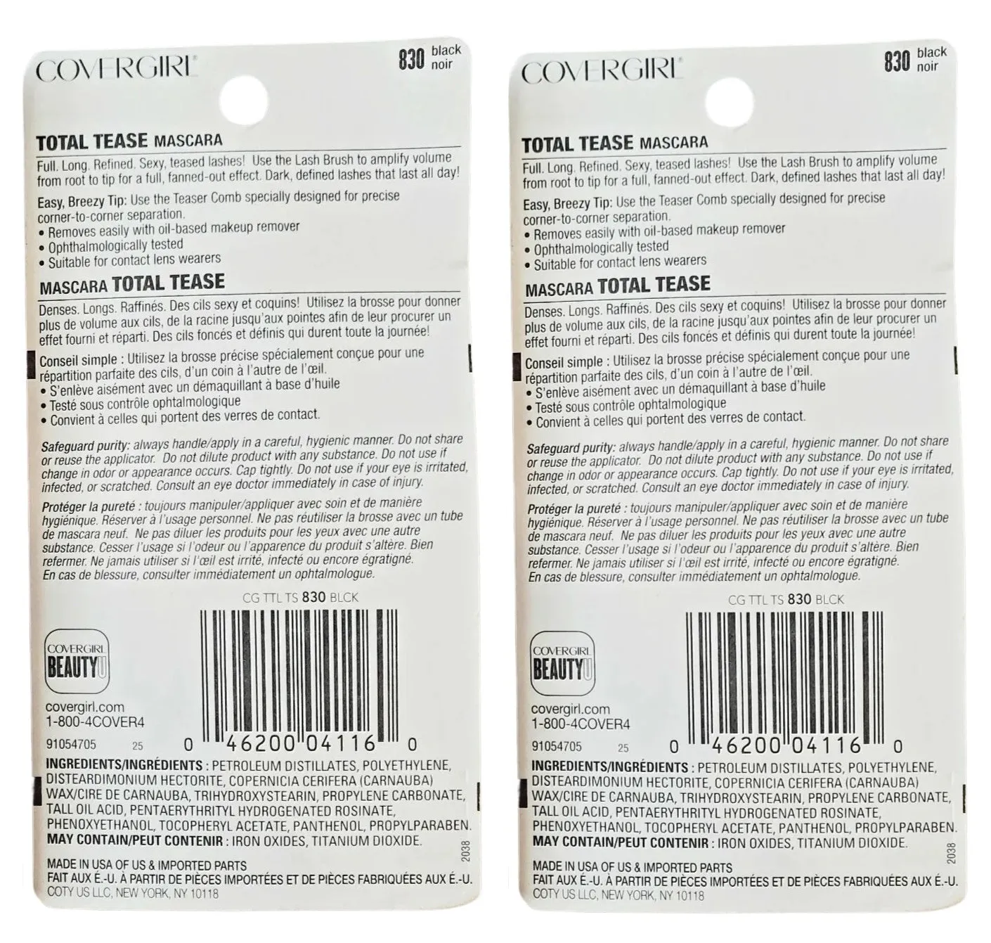 Pack of 2 CoverGirl Total Tease Waterproof Mascara, Black 830