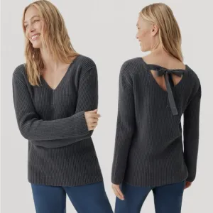 Pact Fisherman Knit Tie-back Ribbed V-Neck Blue Sweater NWOT