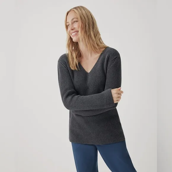 Pact Fisherman Knit Tie-back Ribbed V-Neck Blue Sweater NWOT