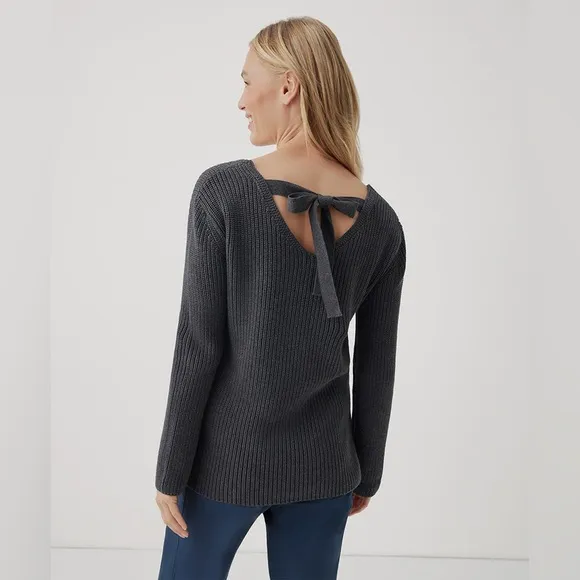 Pact Fisherman Knit Tie-back Ribbed V-Neck Blue Sweater NWOT
