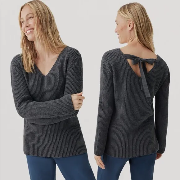 Pact Fisherman Knit Tie-back Ribbed V-Neck Blue Sweater NWOT