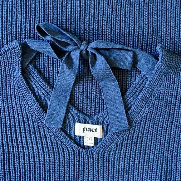 Pact Fisherman Knit Tie-back Ribbed V-Neck Blue Sweater NWOT