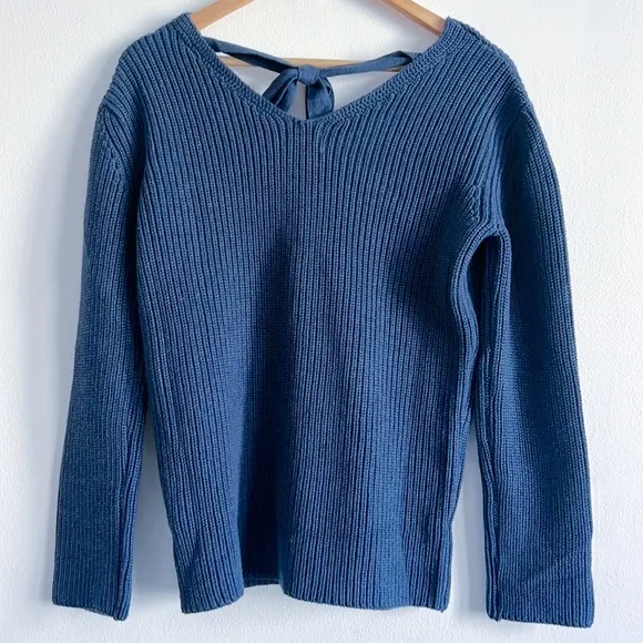Pact Fisherman Knit Tie-back Ribbed V-Neck Blue Sweater NWOT