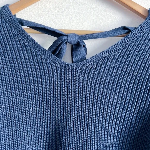 Pact Fisherman Knit Tie-back Ribbed V-Neck Blue Sweater NWOT