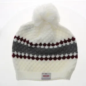 Ripple Beanie with Pom - Cream, Maroon & Grey