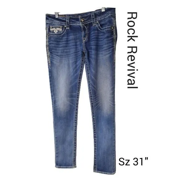 Rock Revival Women's Jen Straight Studded Rhinestone Denim Jeans Size 31 NEW