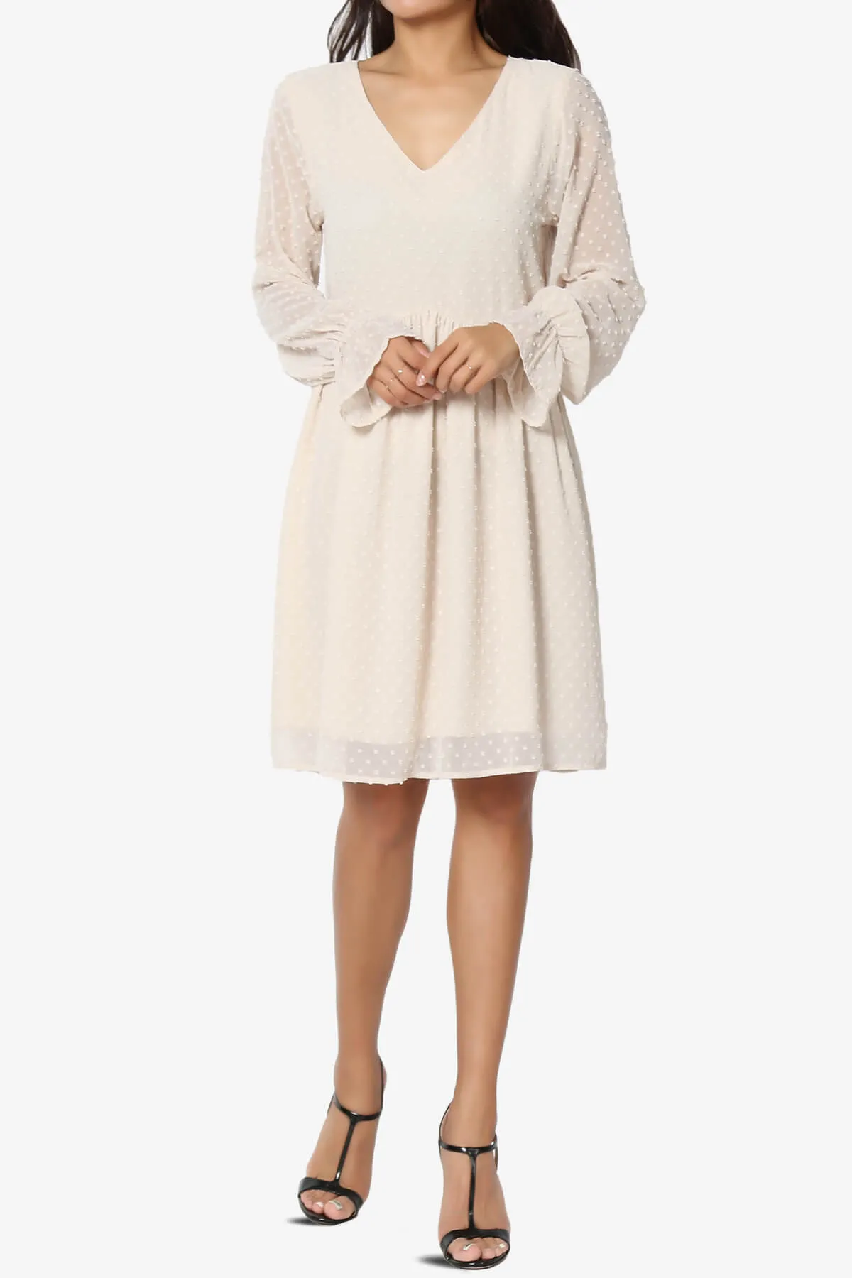 Sandra Swiss Dot Long Sleeve V-Neck Dress