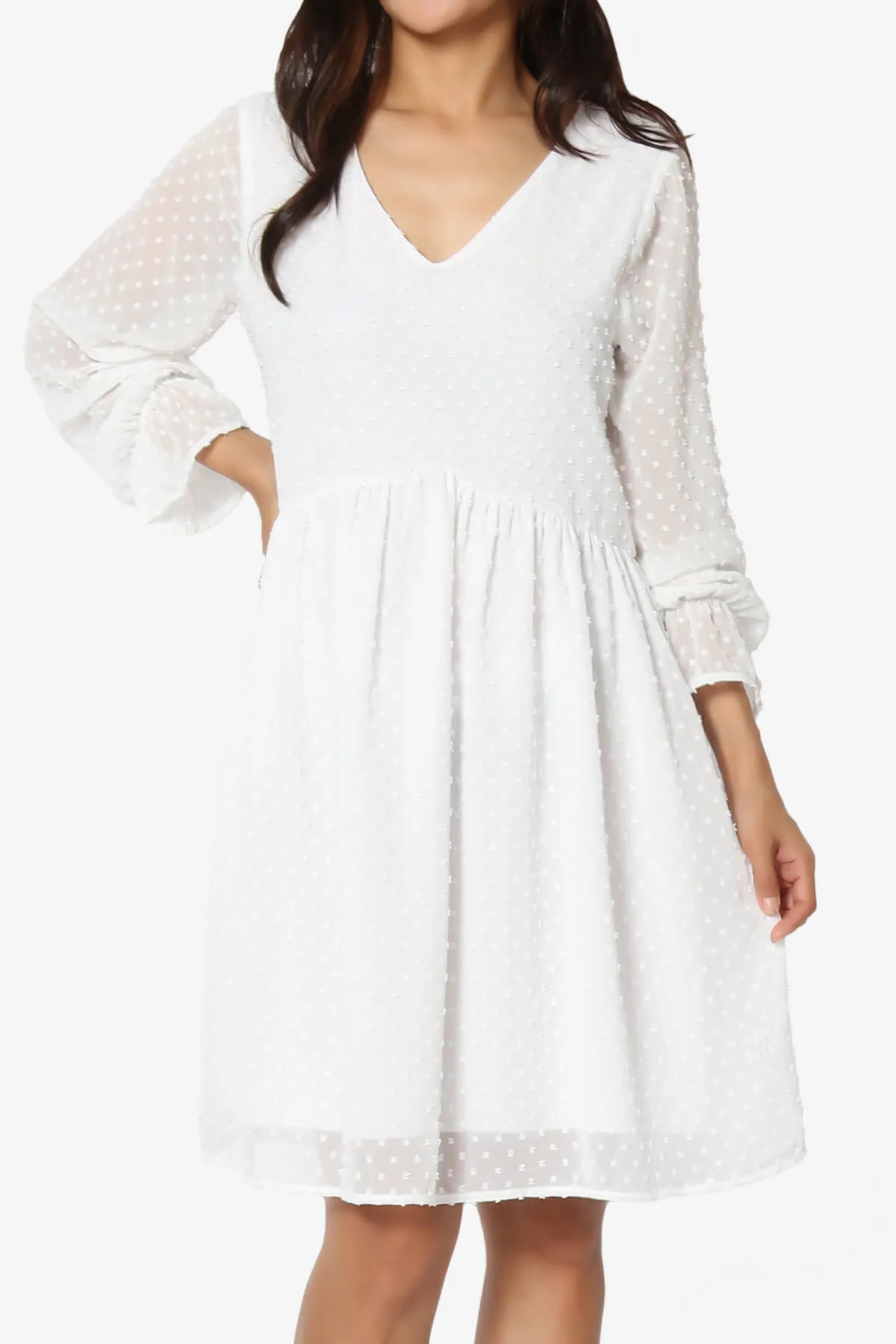 Sandra Swiss Dot Long Sleeve V-Neck Dress