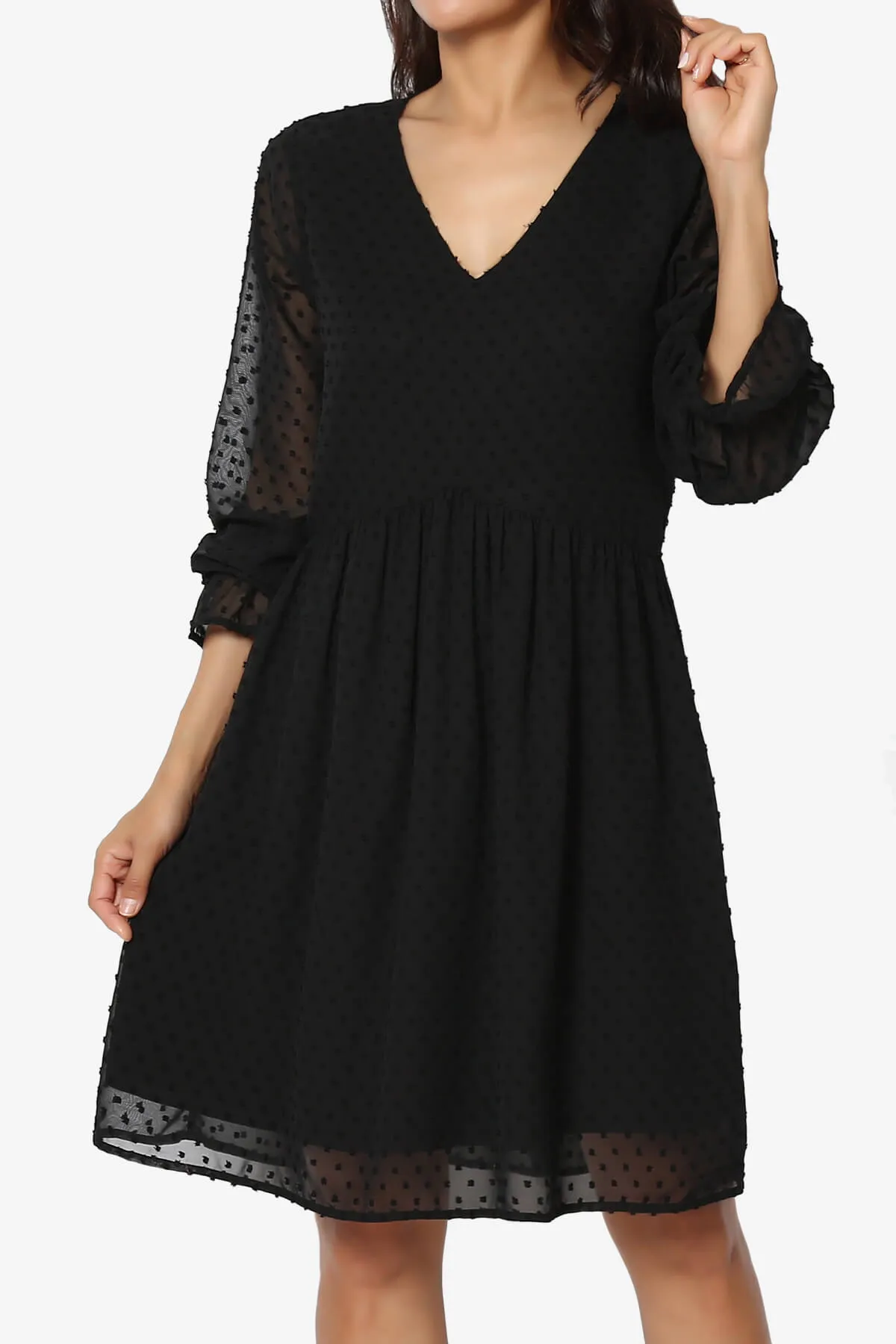 Sandra Swiss Dot Long Sleeve V-Neck Dress