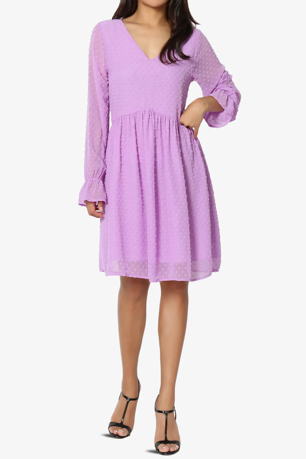 Sandra Swiss Dot Long Sleeve V-Neck Dress