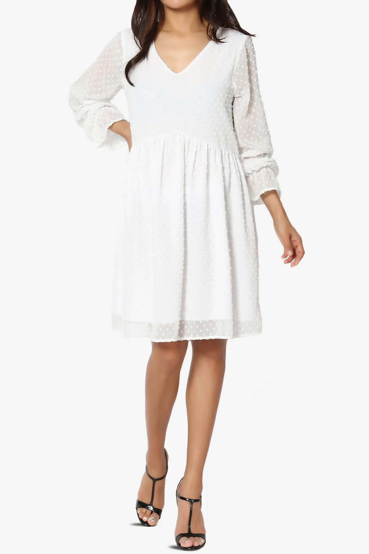 Sandra Swiss Dot Long Sleeve V-Neck Dress